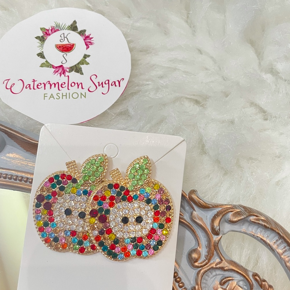 Colorful Apple Rhinestone Earrings - Picture 3 of 5